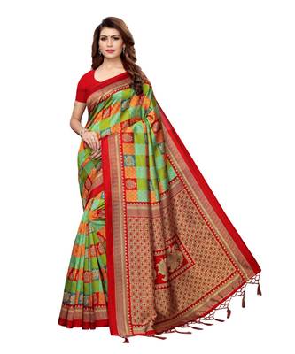 red printed art silk saree with blouse 1
