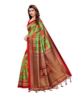 red printed art silk saree with blouse 2