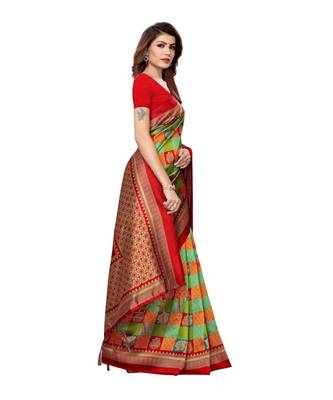 red printed art silk saree with blouse 3