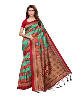 maroon printed art silk saree with blouse 1