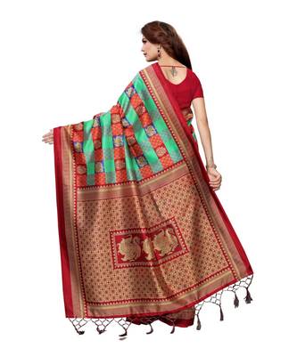maroon printed art silk saree with blouse 4