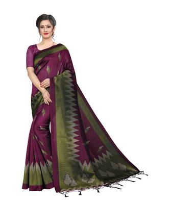 Wine printed art silk saree with blouse 1