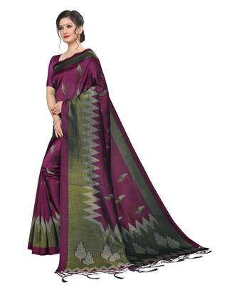 Wine printed art silk saree with blouse 3