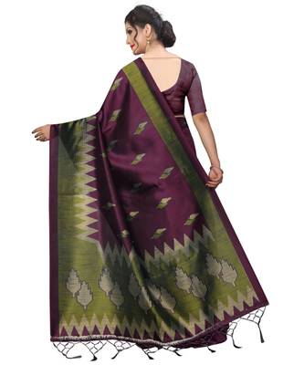 Wine printed art silk saree with blouse 4
