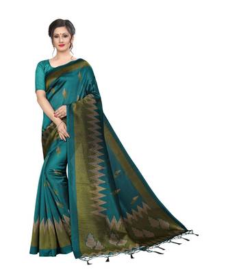 green printed art silk saree with blouse 1