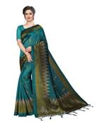 green printed art silk saree with blouse