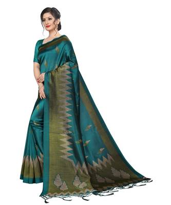 green printed art silk saree with blouse 3