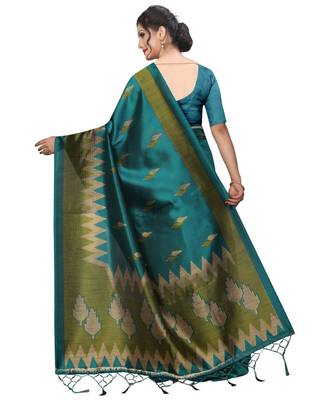 green printed art silk saree with blouse 4