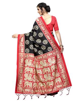 Black woven art silk saree with blouse 4