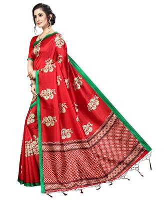 Red woven art silk saree with blouse 3