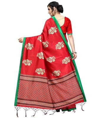 Red woven art silk saree with blouse 4