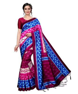 Blue printed art silk saree with blouse 1