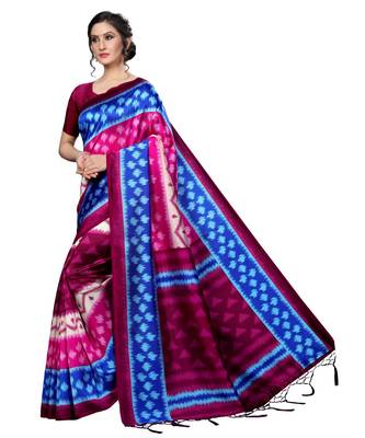 Blue printed art silk saree with blouse 3