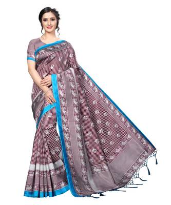 brown printed art silk saree with blouse 1