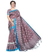 brown printed art silk saree with blouse