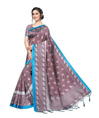 brown printed art silk saree with blouse 3