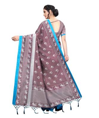 brown printed art silk saree with blouse 4