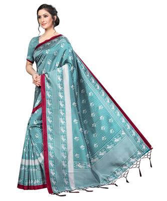 green printed art silk saree with blouse 3