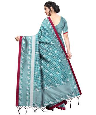 green printed art silk saree with blouse 4