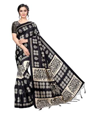 Black printed art silk saree with blouse 1