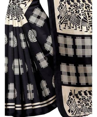 Black printed art silk saree with blouse 2