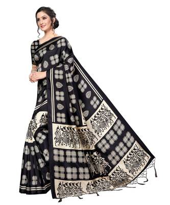 Black printed art silk saree with blouse 3