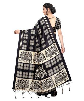 Black printed art silk saree with blouse 4