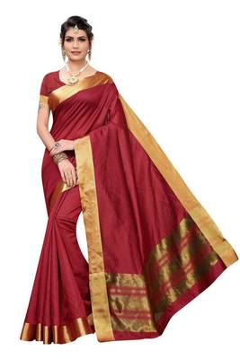 Maroon Woven Cotton Saree With Blouse 1