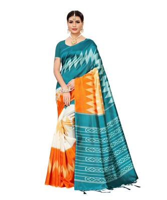 green printed art silk saree with blouse 1