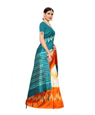 green printed art silk saree with blouse 3