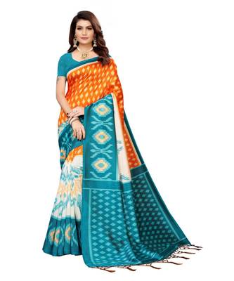 green printed art silk saree with blouse 1