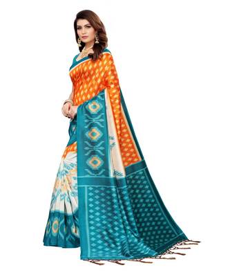 green printed art silk saree with blouse 2