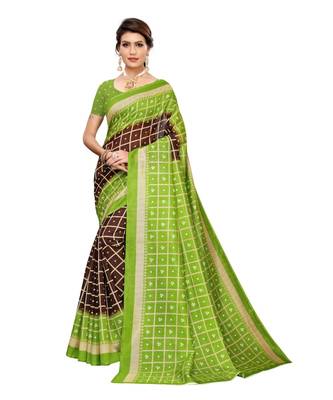 brown printed art silk saree with blouse 1