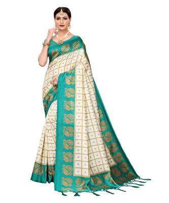 blue printed art silk saree with blouse 1
