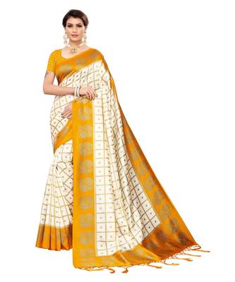 Yellow printed art silk saree with blouse 1