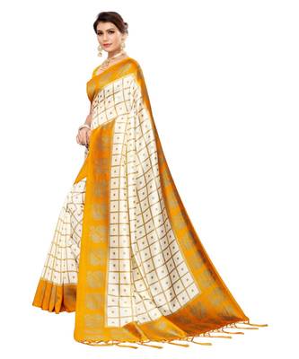 Yellow printed art silk saree with blouse 2