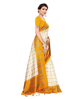 Yellow printed art silk saree with blouse 3