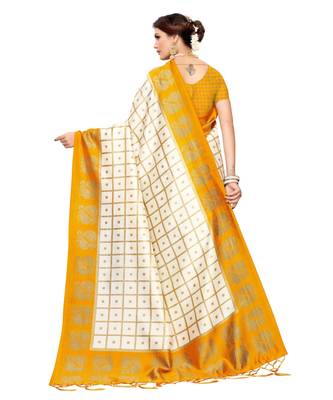 Yellow printed art silk saree with blouse 4