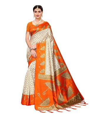 orange printed art silk saree with blouse 1