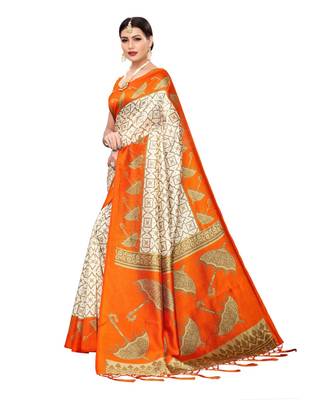 orange printed art silk saree with blouse 2