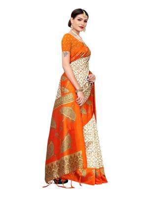 orange printed art silk saree with blouse 3