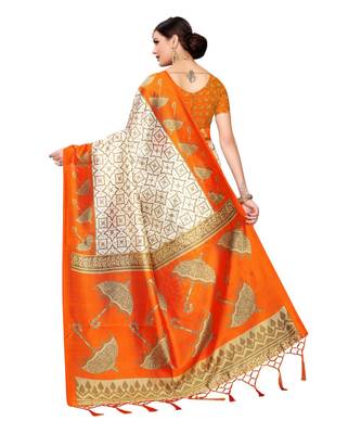 orange printed art silk saree with blouse 4