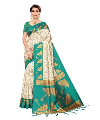 blue printed art silk saree with blouse 1