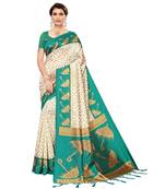 blue printed art silk saree with blouse