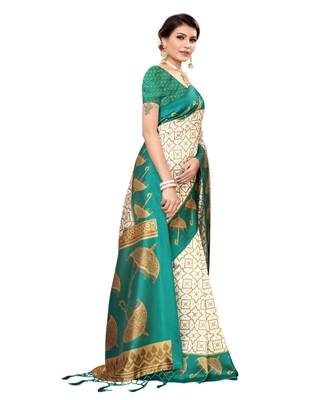 blue printed art silk saree with blouse 3