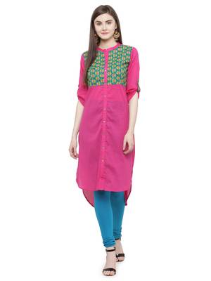   Pink Hand Embroidered Straight Cotton Kurta 1
