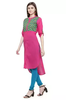   Pink Hand Embroidered Straight Cotton Kurta