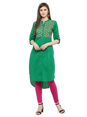   Green Hand Embroidered Straight Cotton Kurta 1