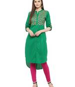 Geroo Jaipur Green Hand Embroidered Straight Cotton Kurta