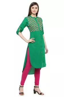   Green Hand Embroidered Straight Cotton Kurta